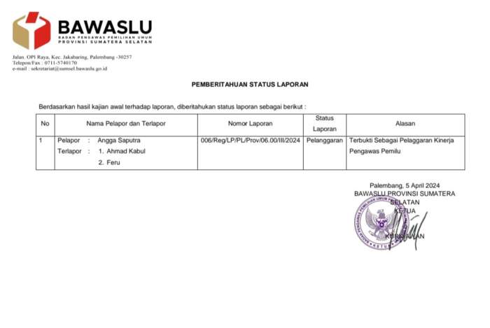 Surat pemberitahuan status proses laporan di Bawaslu Sumsel terhadap oknum Bawaslu OKU