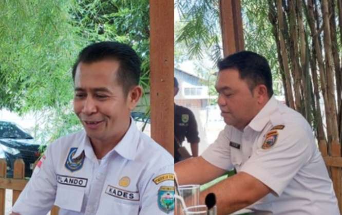 Ketua Forum Kades OKU, Plando (kiri) yang juga Kades Belatung Kecamatan Lubuk Batang, OKU dan Muhibat (kanan) Kades Makartitama, Kecamatan Peninjauan.