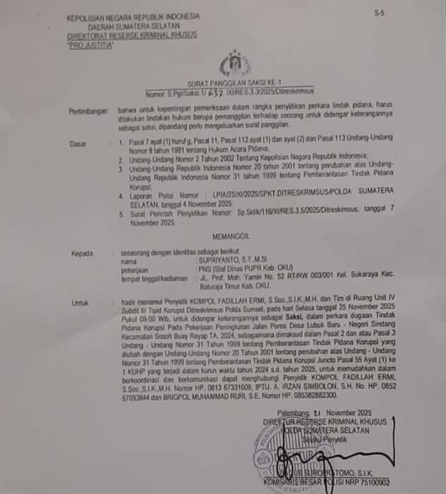 Surat panggilan polda sumsel. Tangkapan layar Surat panggilan polda sumsel. Tangkapan layar